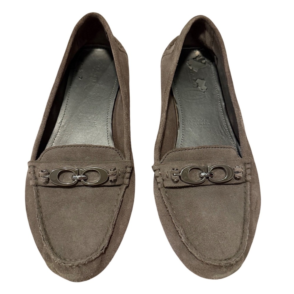 Coach Fortunata Suede Driving Loafers Taupe Gray Logo Flats A4481 Womens 9.5B